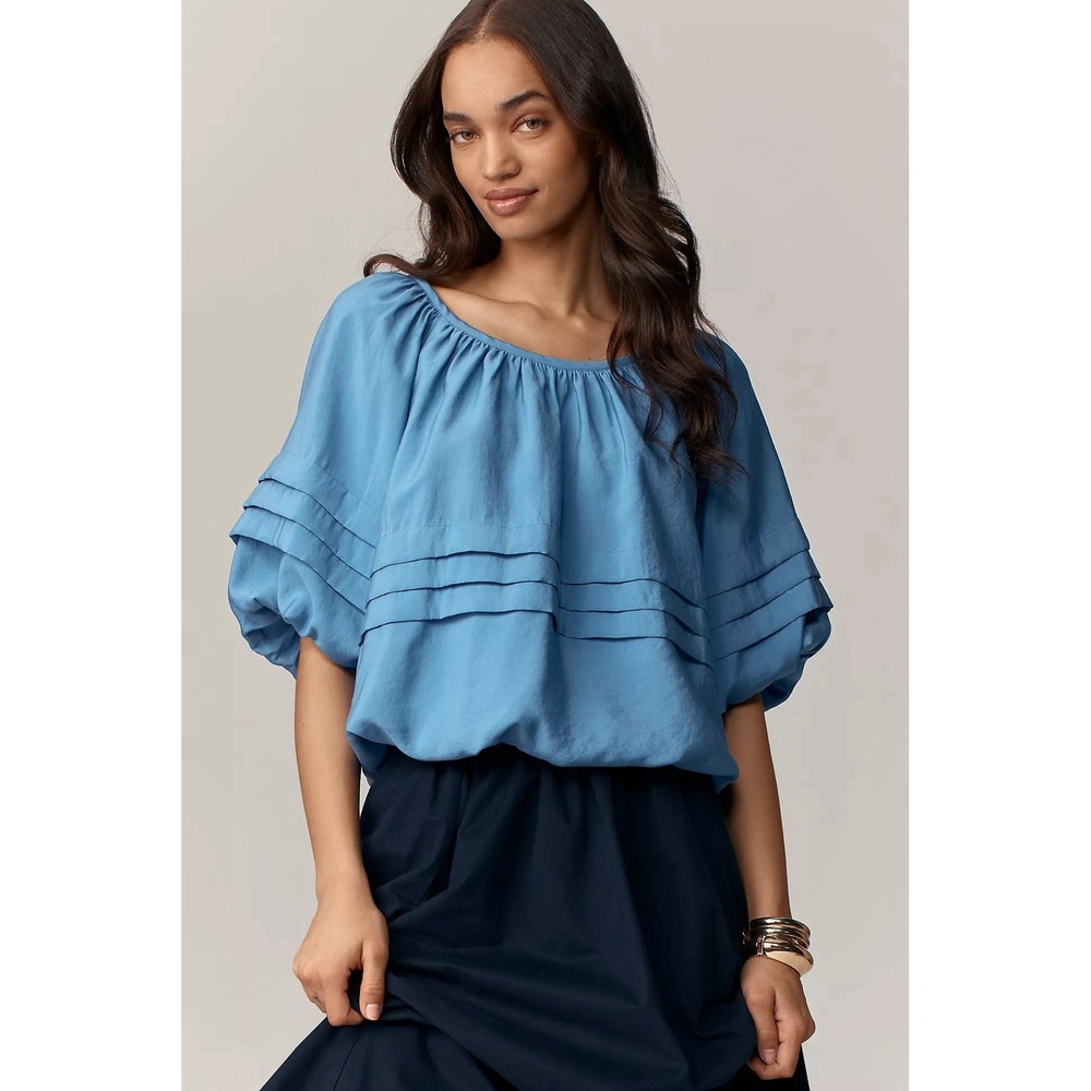 ANTHROPOLOGIE MAEVE SHORT PUFF SLEEVE BUBBLE TIERED BLOUSE SHIRT TOP Small Blue